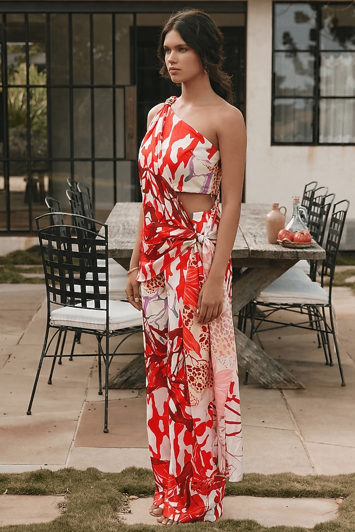 Bright Red Linen Abstract Printed Co-Ord Set by ARJE India at Pernia's Pop Up Shop
