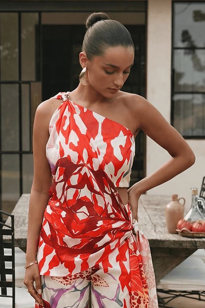 Bright Red Linen Abstract Printed Co-Ord Set by ARJE India at Pernia's Pop Up Shop