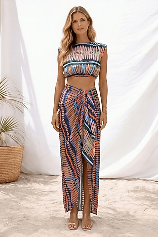 Multi-Colored Linen Geometric Printed Skirt Set by ARJE India