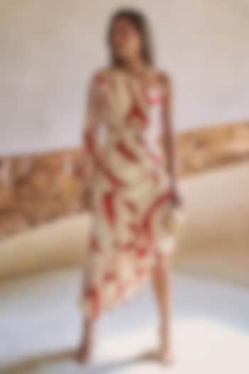 Red Satin Leaf Printed One-Shoulder Ruffled Summer Dress by ARJE India at Pernia's Pop Up Shop