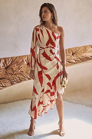 Red Satin Leaf Printed One-Shoulder Ruffled Dress by ARJE India