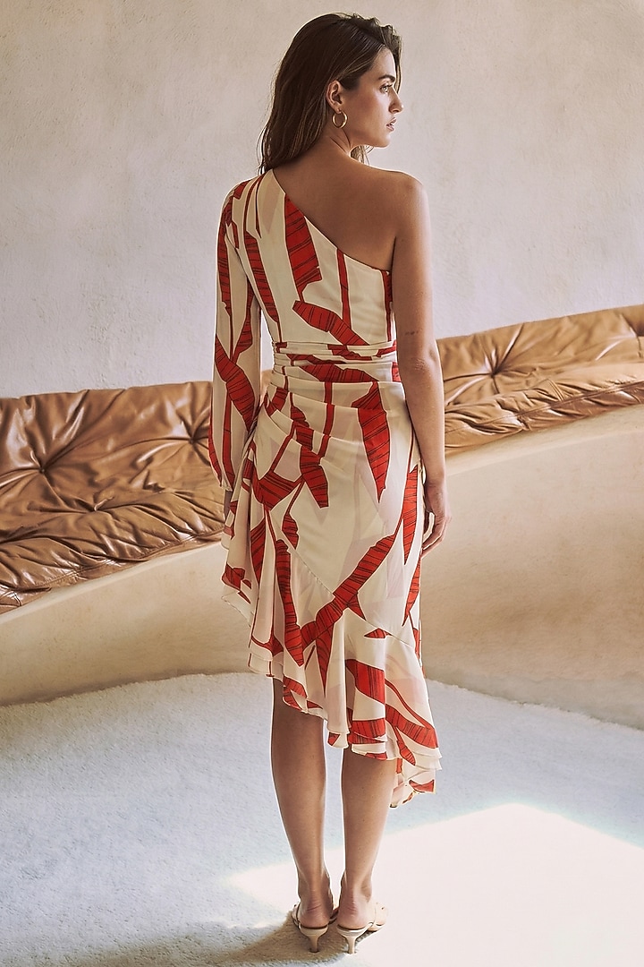 Red Satin Leaf Printed One-Shoulder Ruffled Summer Dress by ARJE India at Pernia's Pop Up Shop