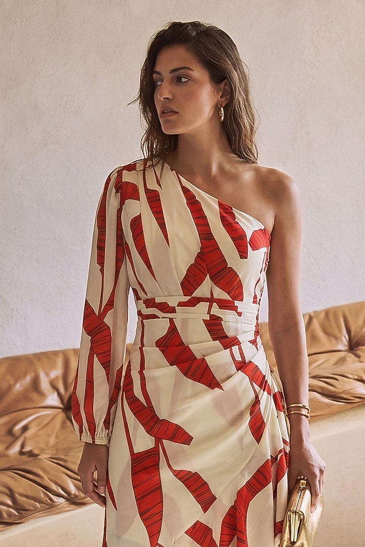 Red Satin Leaf Printed One-Shoulder Ruffled Summer Dress by ARJE India at Pernia's Pop Up Shop