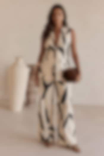 Black Linen Leaf Printed Co-Ord Set by ARJE India at Pernia's Pop Up Shop