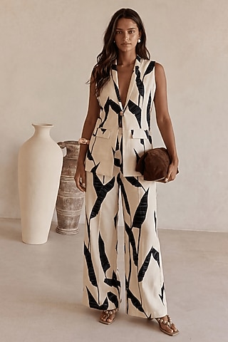 Black Linen Leaf Printed Co-Ord Set by ARJE India