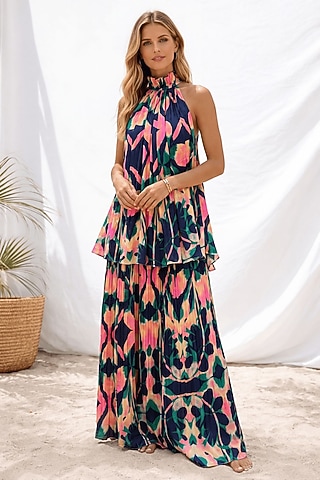 Deep Purple Satin Abstract Printed Skirt Set by ARJE India