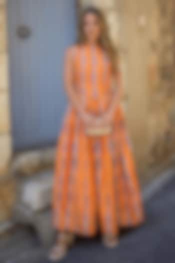 Orange Linen Printed Maxi Summer Dress by ARJE India at Pernia's Pop Up Shop