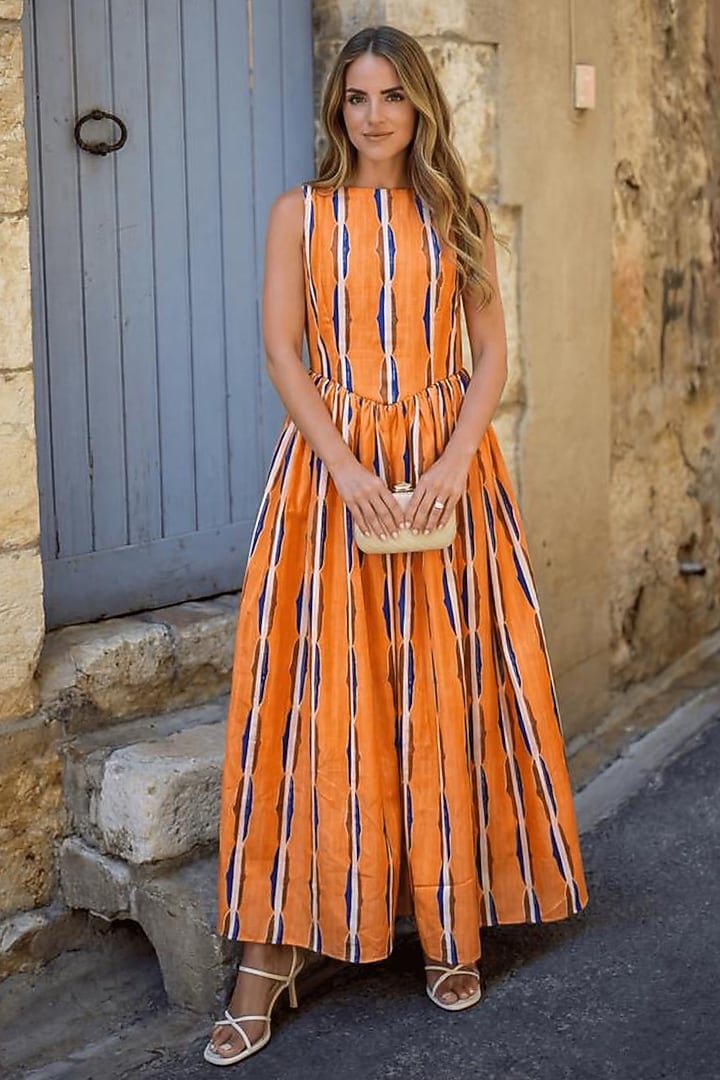 Orange Linen Printed Maxi Summer Dress by ARJE India at Pernia's Pop Up Shop