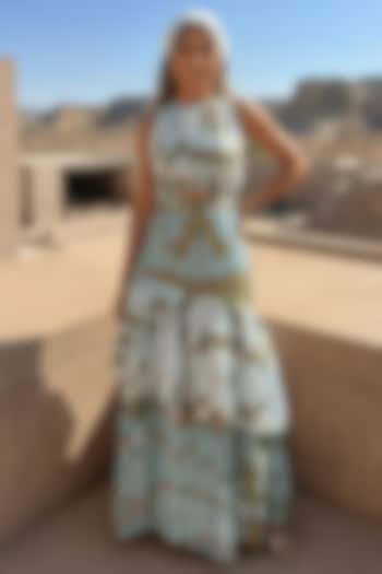 Sea Green Linen Polka Dot Printed Layered Maxi Summer Dress by ARJE India at Pernia's Pop Up Shop