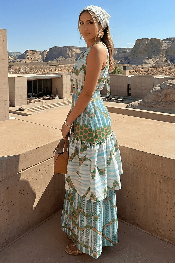 Sea Green Linen Polka Dot Printed Layered Maxi Summer Dress by ARJE India at Pernia's Pop Up Shop