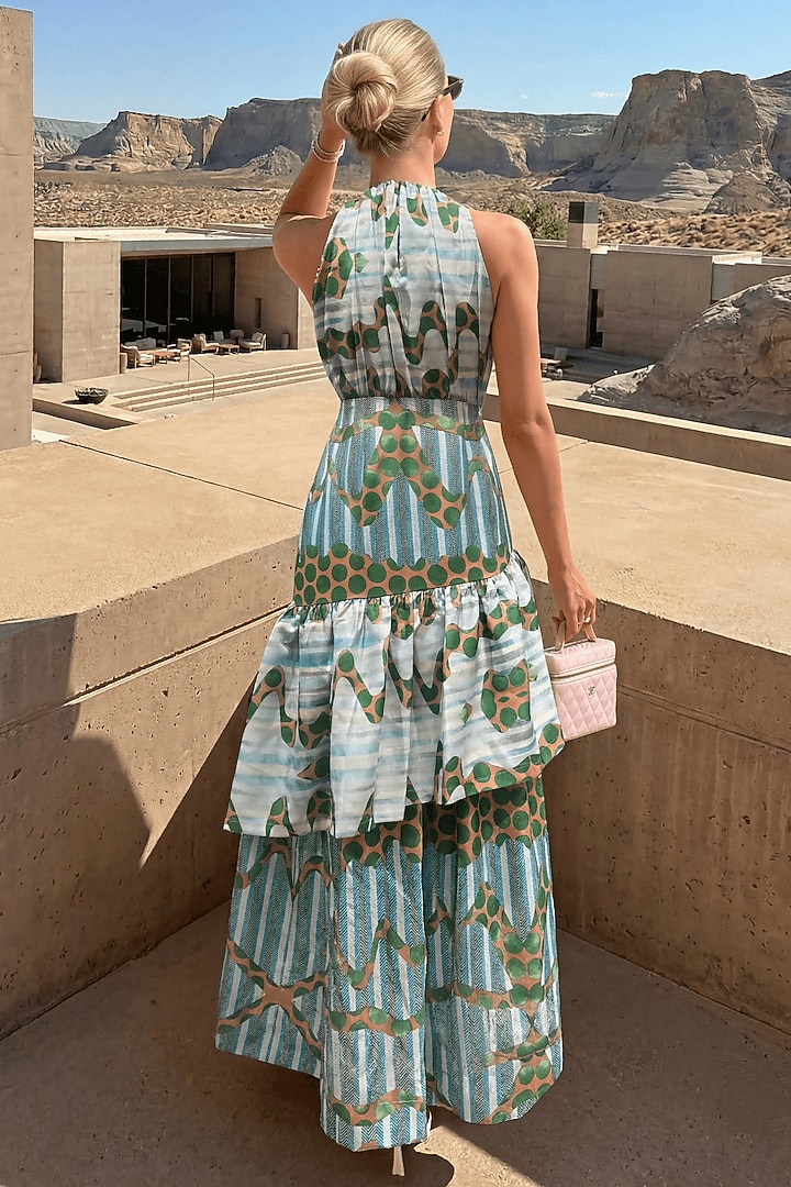 Sea Green Linen Polka Dot Printed Layered Maxi Summer Dress by ARJE India at Pernia's Pop Up Shop