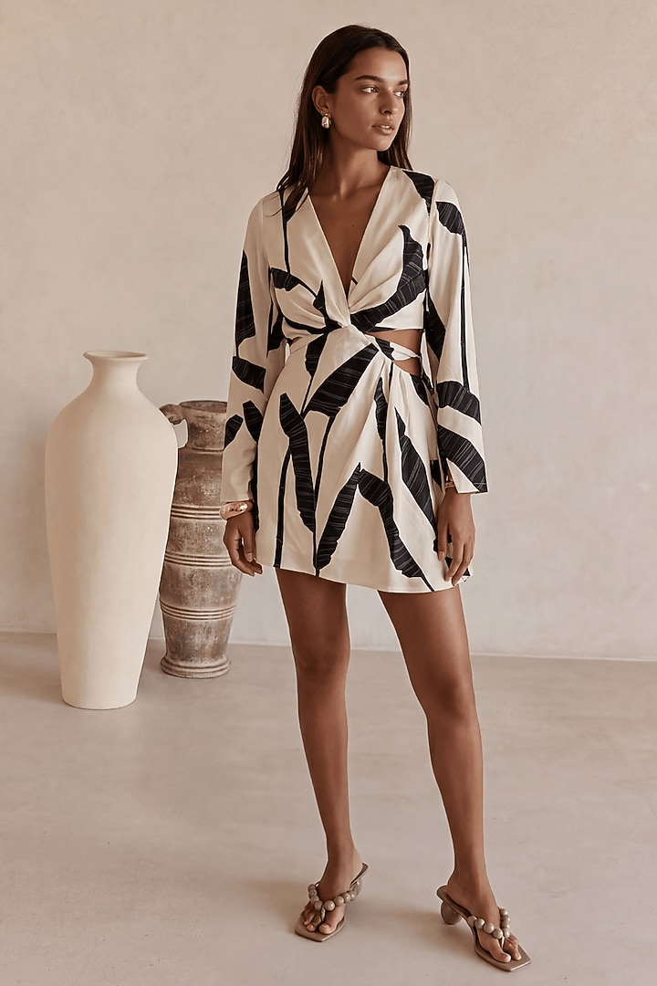 Black & White Linen Leaf Printed Mini Summer Dress by ARJE India at Pernia's Pop Up Shop