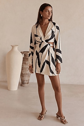 Black & White Linen Leaf Printed Mini Dress by ARJE India