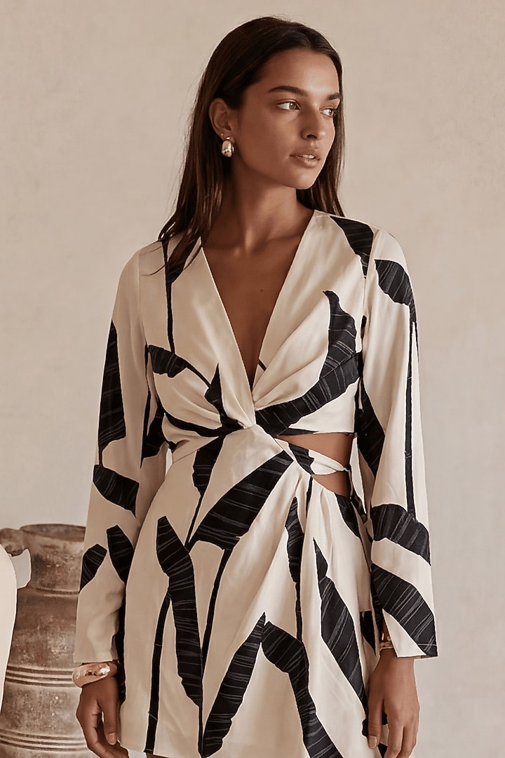 Black & White Linen Leaf Printed Mini Summer Dress by ARJE India at Pernia's Pop Up Shop