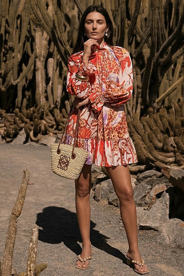 Bright Red Linen Abstract Printed Mini Summer Dress by ARJE India at Pernia's Pop Up Shop