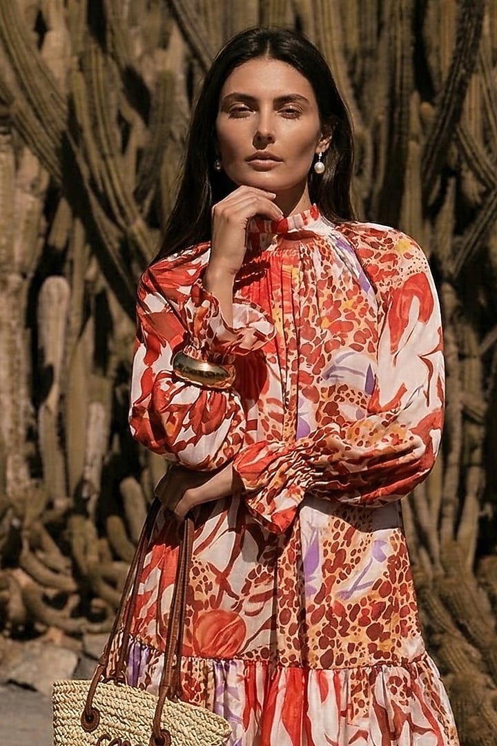 Bright Red Linen Abstract Printed Mini Summer Dress by ARJE India at Pernia's Pop Up Shop