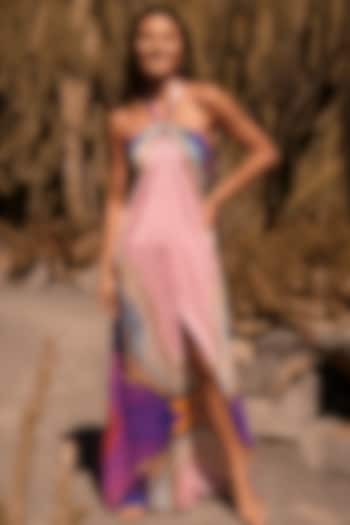 Multi-Colored Linen Ombre Printed Halter Maxi Summer Dress by ARJE India at Pernia's Pop Up Shop