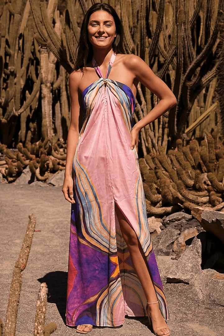 Multi-Colored Linen Ombre Printed Halter Maxi Summer Dress by ARJE India at Pernia's Pop Up Shop
