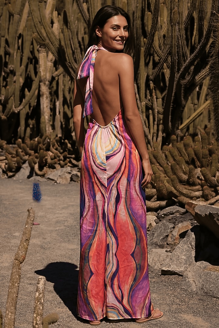 Multi-Colored Linen Ombre Printed Halter Maxi Summer Dress by ARJE India at Pernia's Pop Up Shop