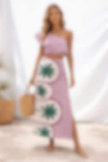 Deep Purple Linen Stripe Printed Slit Skirt Set by ARJE India at Pernia's Pop Up Shop