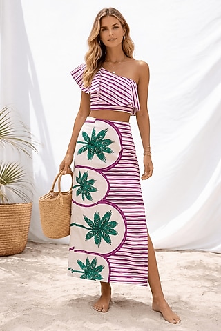 Deep Purple Linen Stripe Printed Slit Skirt Set by ARJE India
