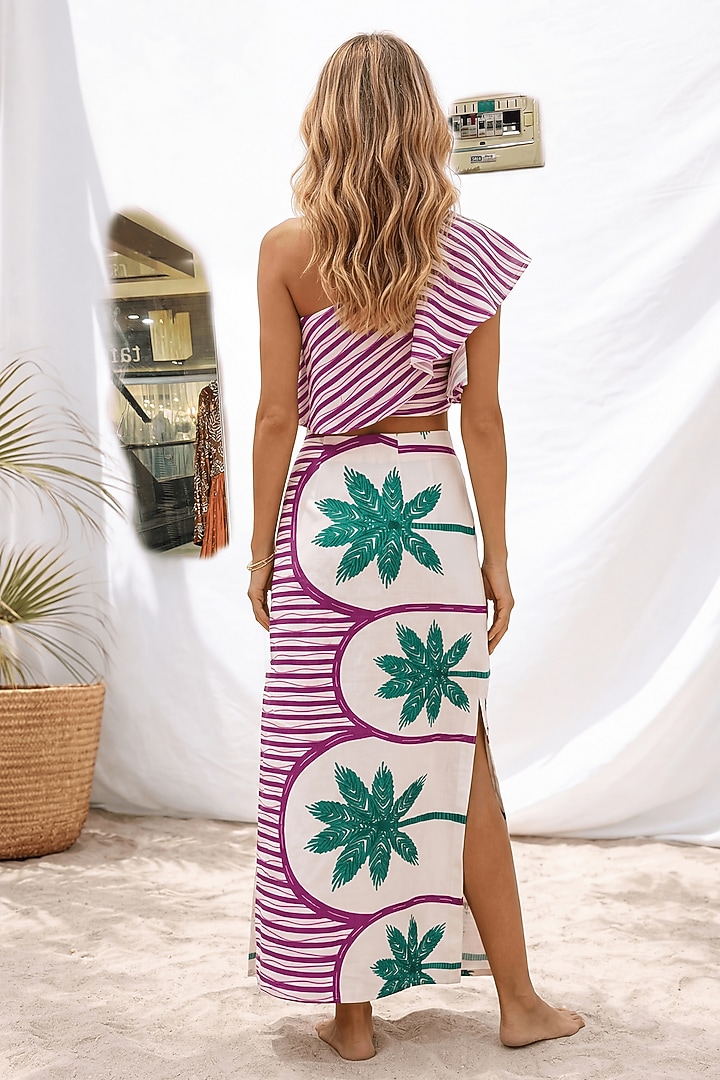 Deep Purple Linen Stripe Printed Slit Skirt Set by ARJE India at Pernia's Pop Up Shop
