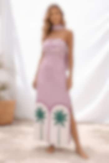 Purple Linen & Satin Stripe Printed Summer Dress With Stole by ARJE India at Pernia's Pop Up Shop