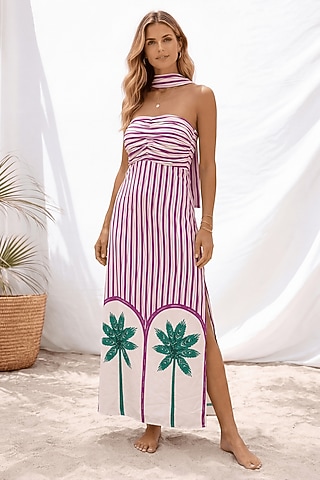Purple Linen & Satin Stripe Printed Dress With Stole by ARJE India