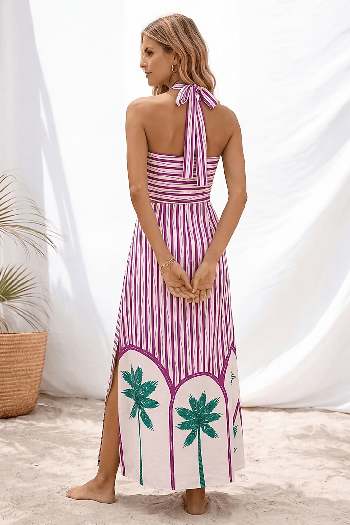 Purple Linen & Satin Stripe Printed Summer Dress With Stole by ARJE India at Pernia's Pop Up Shop