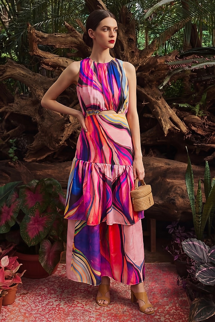 Multi-Colored Linen Printed Layered Summer Dress by ARJE India at Pernia's Pop Up Shop