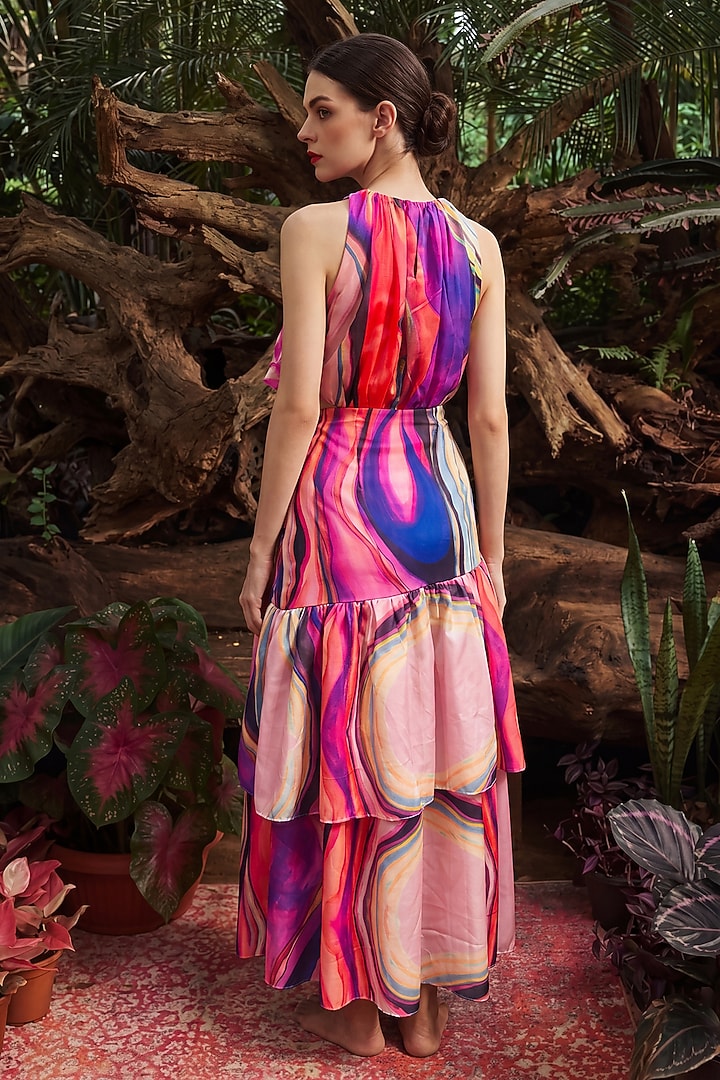 Multi-Colored Linen Printed Layered Summer Dress by ARJE India at Pernia's Pop Up Shop