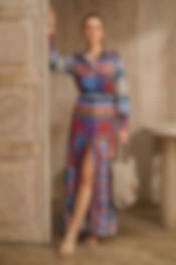 Blue & Orange Linen Geometric Printed Skirt Set by ARJE India at Pernia's Pop Up Shop
