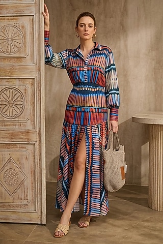 Blue & Orange Linen Geometric Printed Skirt Set by ARJE India