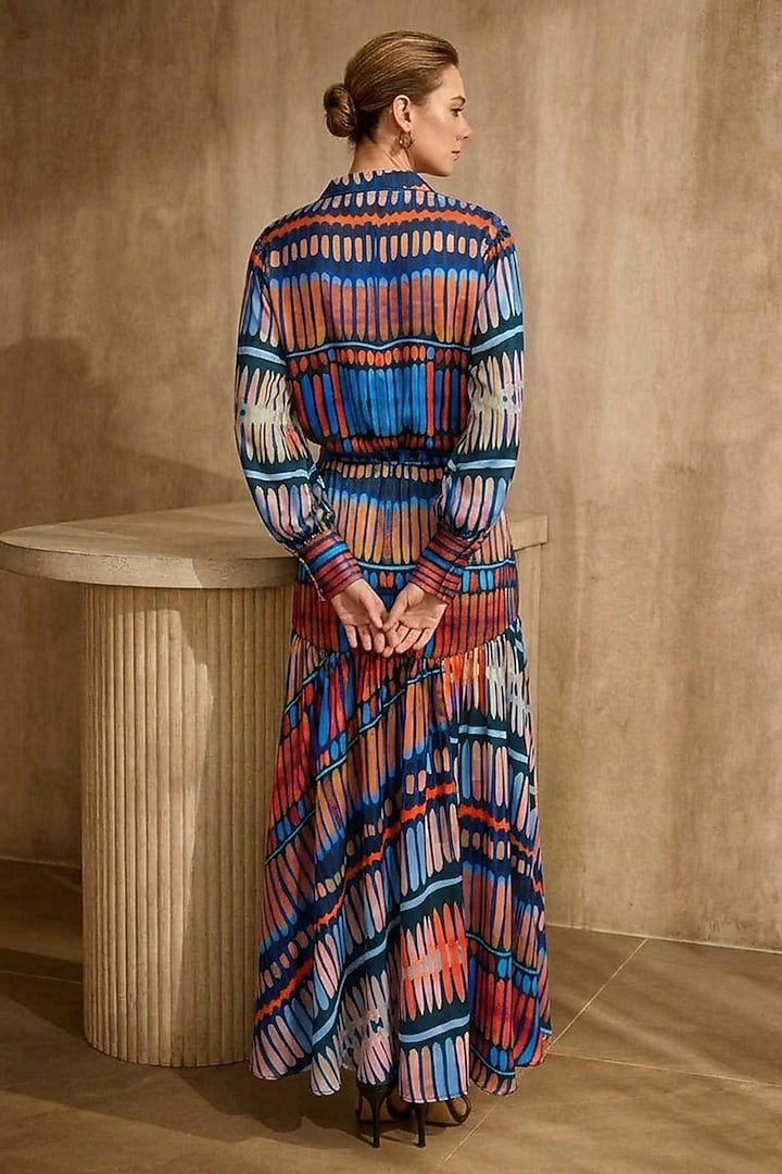 Blue & Orange Linen Geometric Printed Skirt Set by ARJE India at Pernia's Pop Up Shop