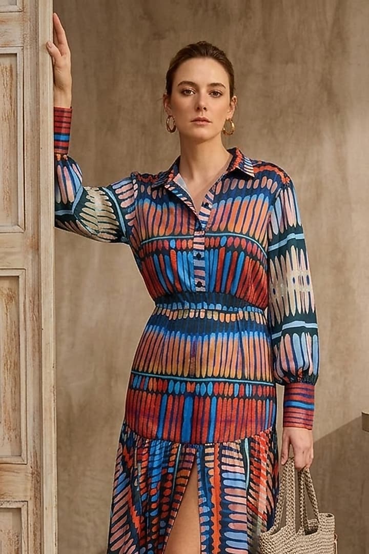 Blue & Orange Linen Geometric Printed Skirt Set by ARJE India at Pernia's Pop Up Shop