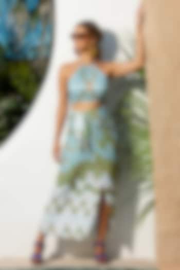 Green Linen Printed Draped Skirt Set by ARJE India at Pernia's Pop Up Shop