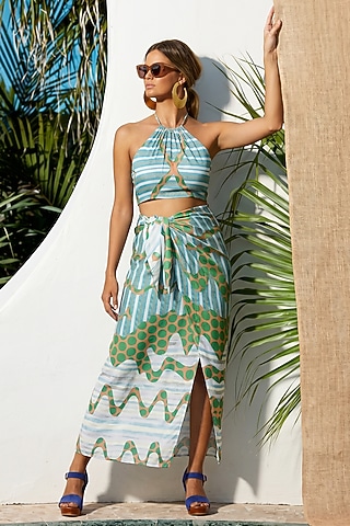 Green Linen Printed Draped Skirt Set by ARJE India