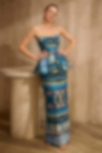 Blue Linen Printed Pencil Skirt Set by ARJE India at Pernia's Pop Up Shop