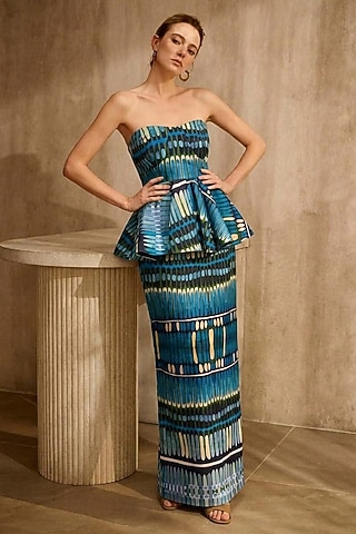 Blue Linen Printed Pencil Skirt Set by ARJE India