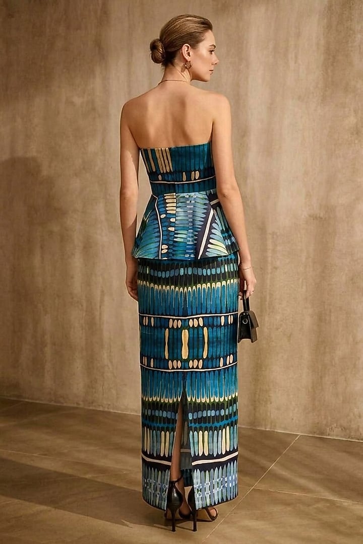 Blue Linen Printed Pencil Skirt Set by ARJE India at Pernia's Pop Up Shop