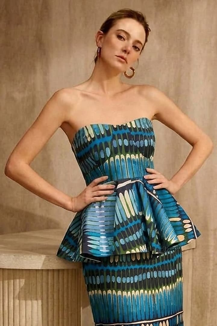 Blue Linen Printed Pencil Skirt Set by ARJE India at Pernia's Pop Up Shop