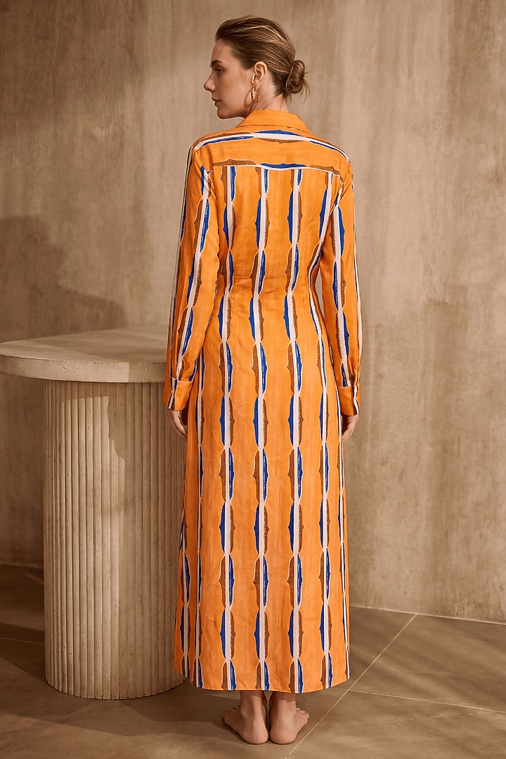 Orange Linen Printed Summer Shirt Dress by ARJE India at Pernia's Pop Up Shop