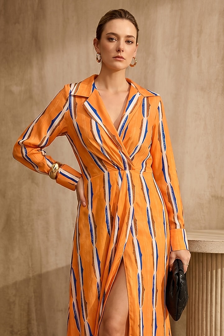 Orange Linen Printed Summer Shirt Dress by ARJE India at Pernia's Pop Up Shop
