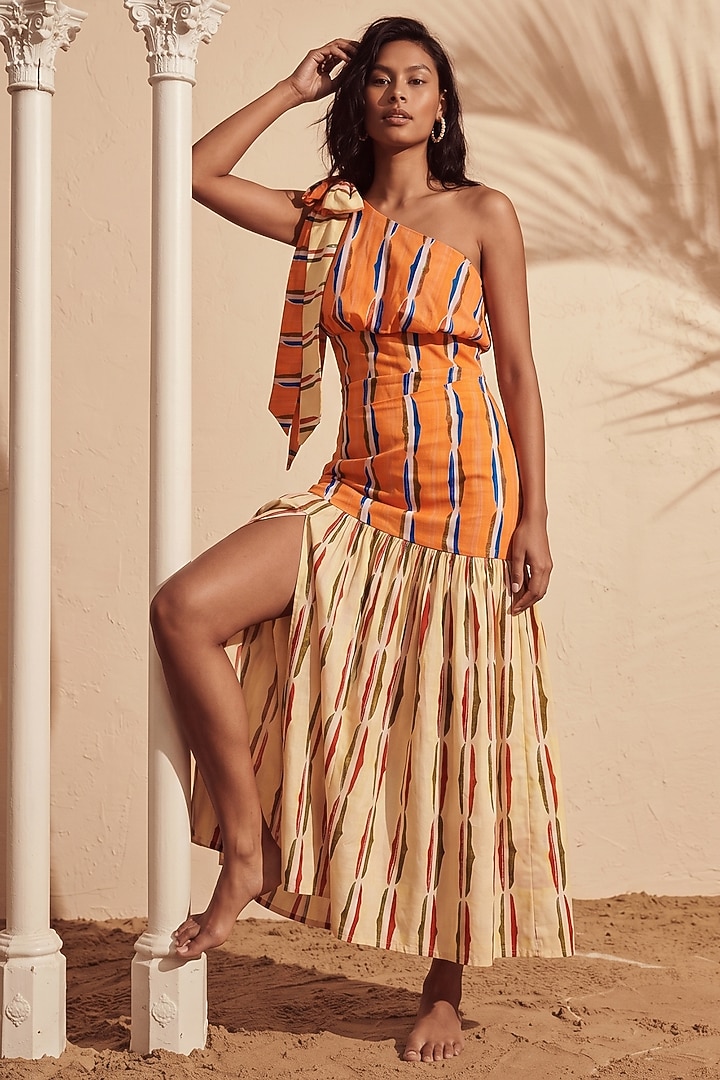 Orange Linen Printed One-Shoulder Knot Summer Dress by ARJE India at Pernia's Pop Up Shop