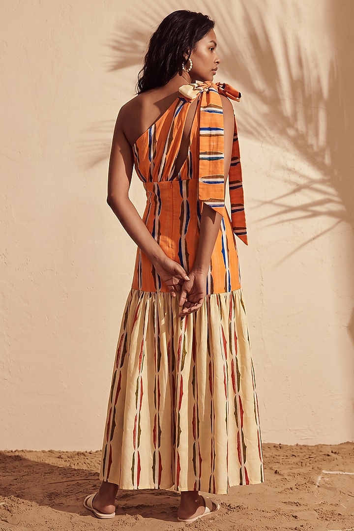 Orange Linen Printed One-Shoulder Knot Summer Dress by ARJE India at Pernia's Pop Up Shop