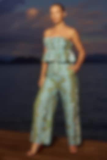 Green Linen Printed Tube Ruffled Jumpsuit by ARJE India at Pernia's Pop Up Shop