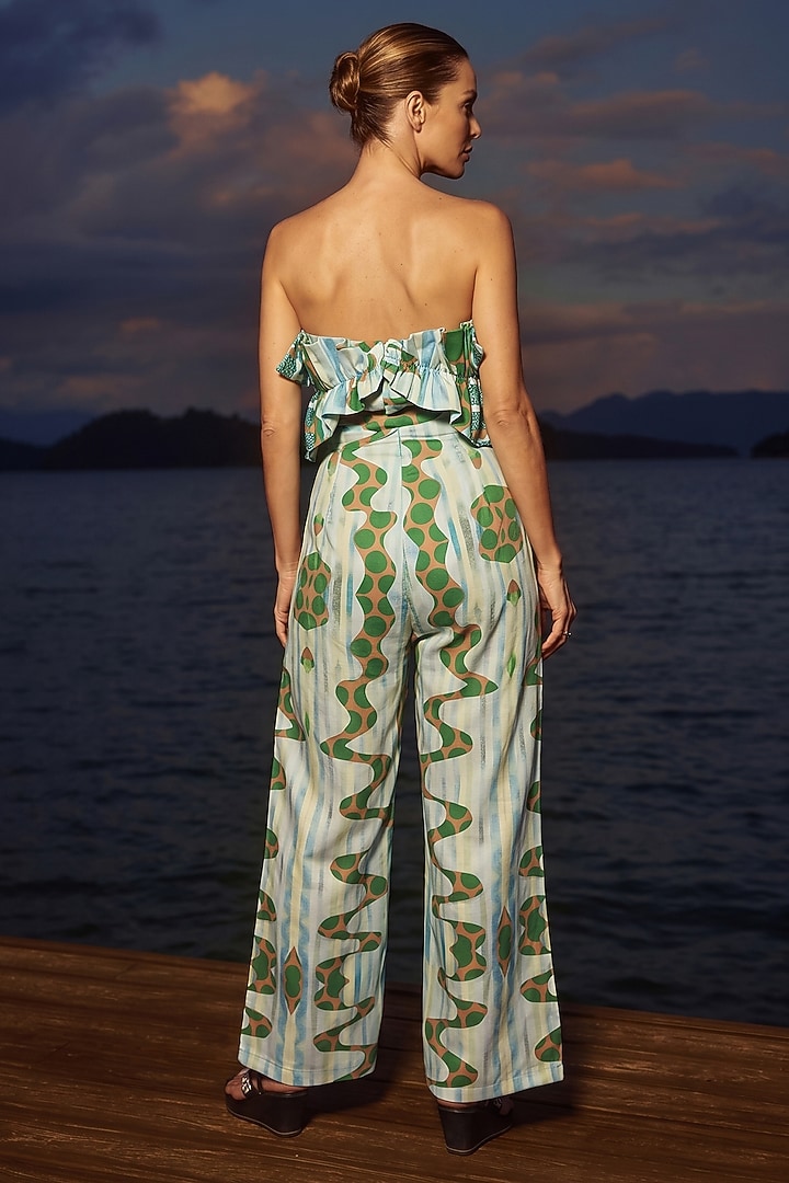 Green Linen Printed Tube Ruffled Jumpsuit by ARJE India at Pernia's Pop Up Shop