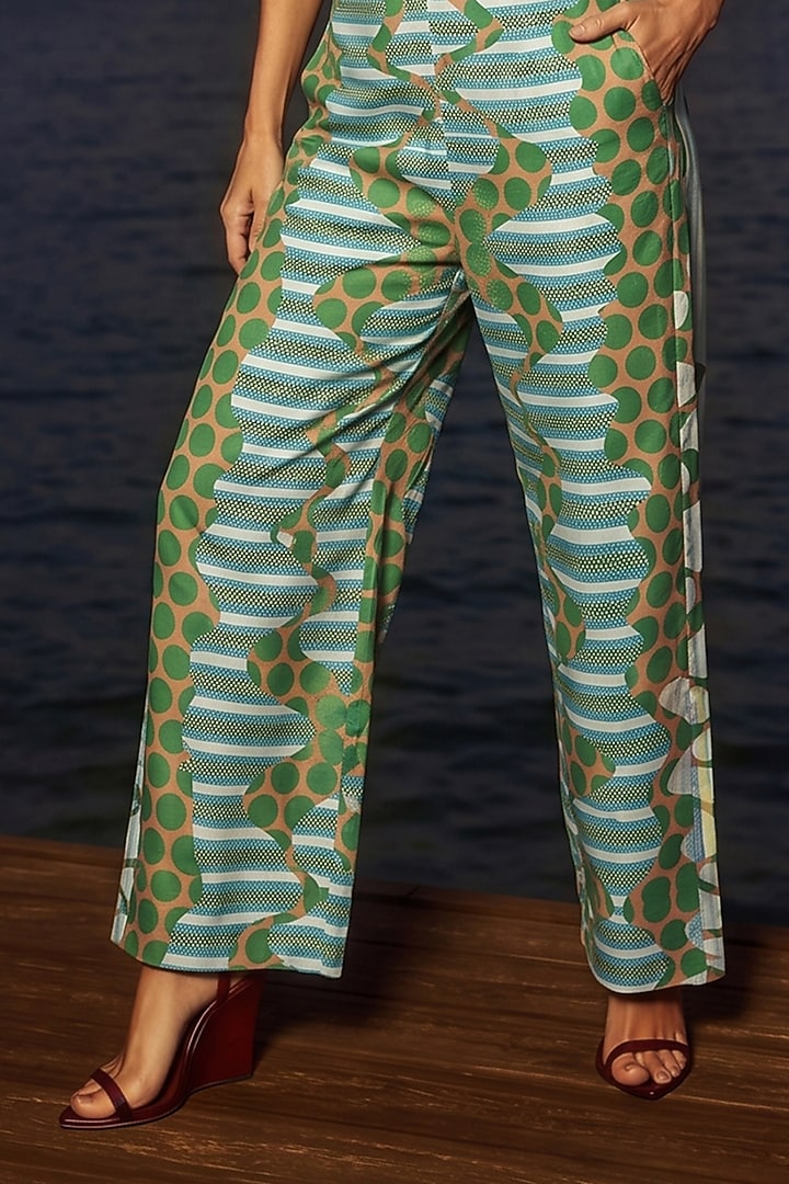 Green Linen Printed Tube Ruffled Jumpsuit by ARJE India at Pernia's Pop Up Shop