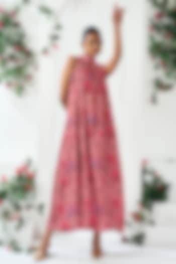 Pink Cotton Silk Floral Printed Midi In-Cut Vacation Dress by ARJE India at Pernia's Pop Up Shop