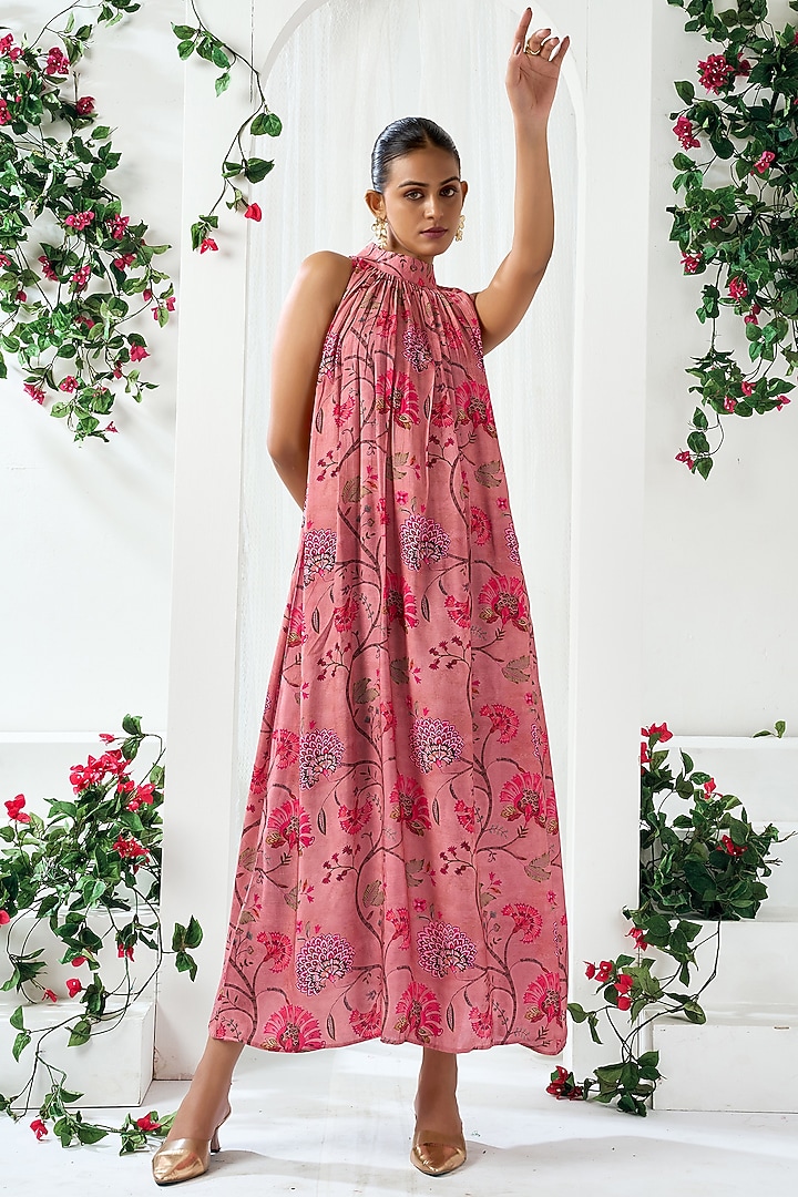 Pink Cotton Silk Floral Printed Midi In-Cut Vacation Dress by ARJE India at Pernia's Pop Up Shop